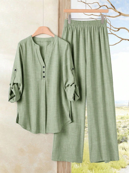 Women's Casual Solid Color Notched Neck Ruffle Sleeve Top And Elastic Waist Wide Leg Pants Set