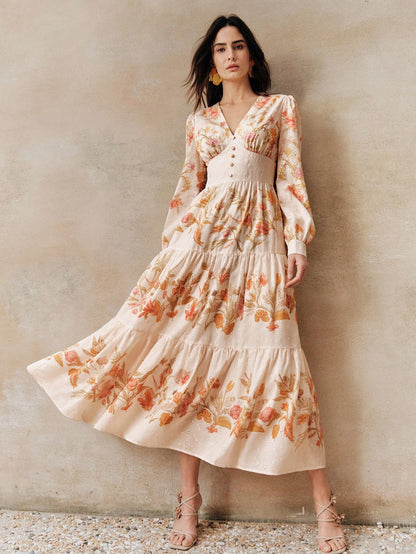 Women's Elegant Romantic Vacation & Date V-Neck Printed Dress, Spring/Summer