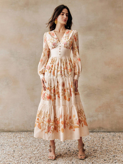 Women's Elegant Romantic Vacation & Date V-Neck Printed Dress, Spring/Summer