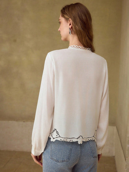 Premium Women's Perforated Embroidered Pleated Cotton Linen Blouse