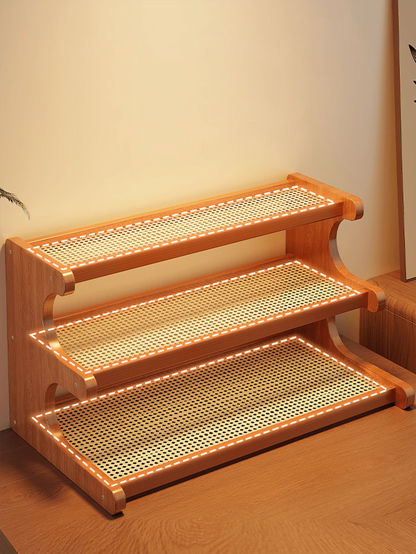 Wooden Trapezoidal Rattan Multi-Tiered Storage Shelf, Bookshelf, Kitchen And Office Use, Home Essentials