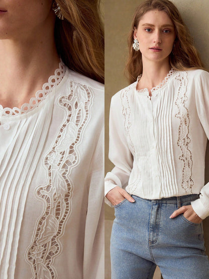 Premium Women's Perforated Embroidered Pleated Cotton Linen Blouse