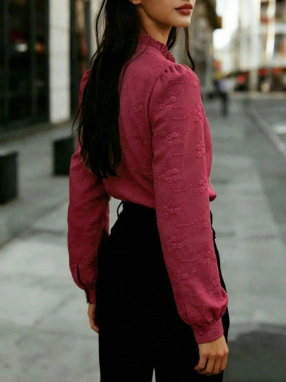 Women's Solid Color Long Sleeve Shirt With Floral Embroidery