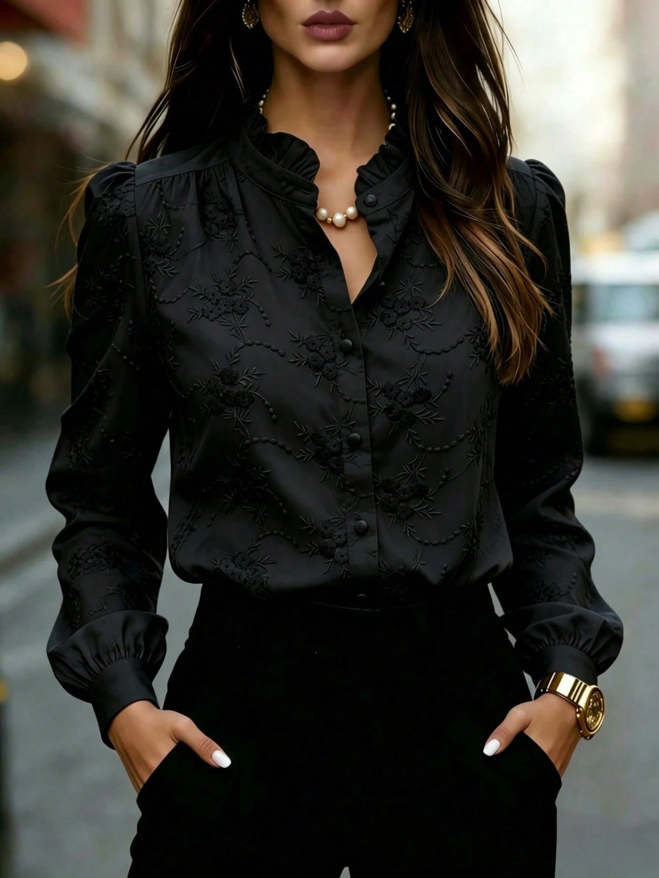 Women's Solid Color Long Sleeve Shirt With Floral Embroidery